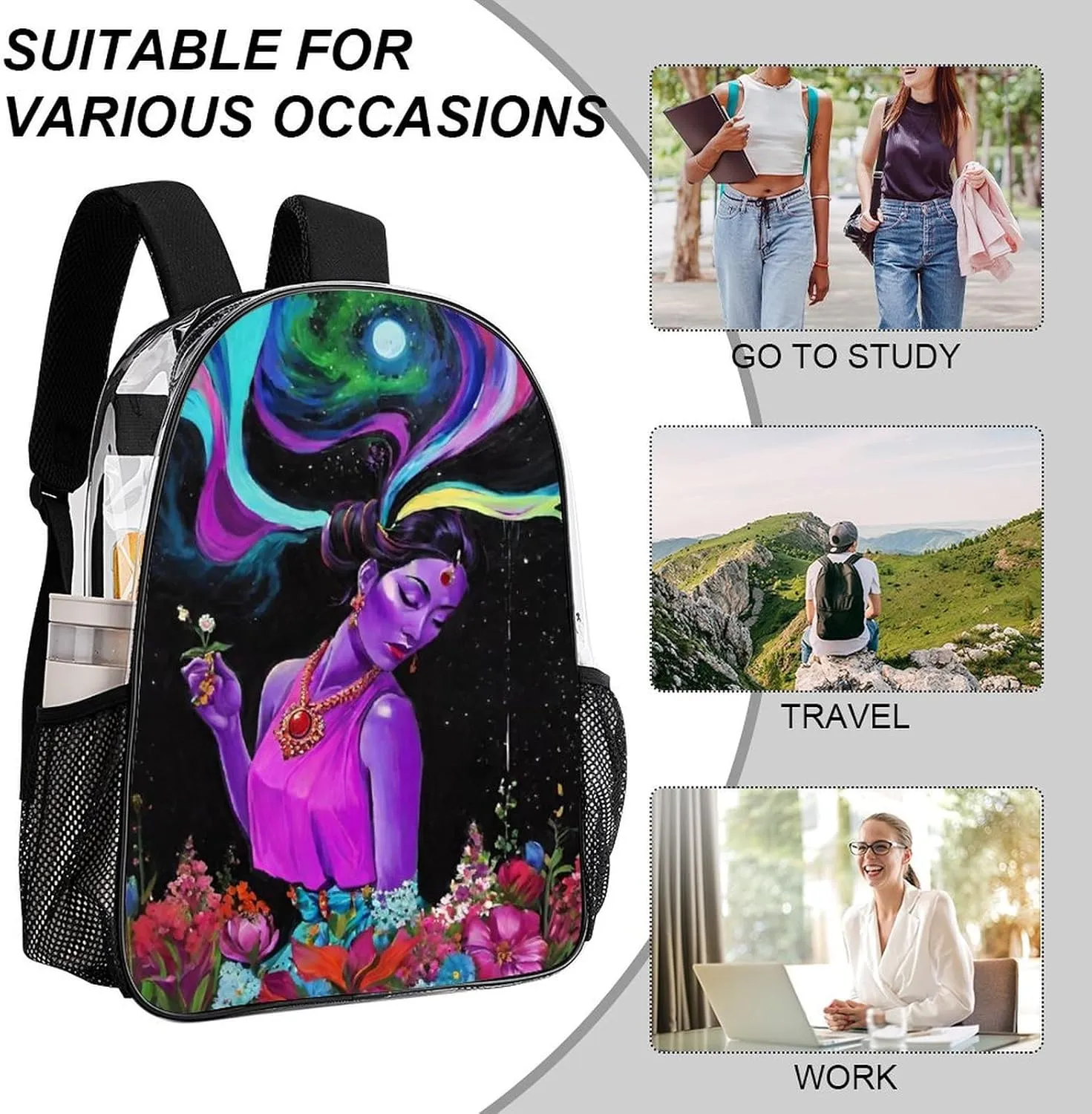 Rucksack Multipurpose Anti-Theft Big Capacity Shoulder Bag - Trippy Galaxy Women Rainbow Floral Art Travel Hiking & Camping Rucksack Transparent Bag