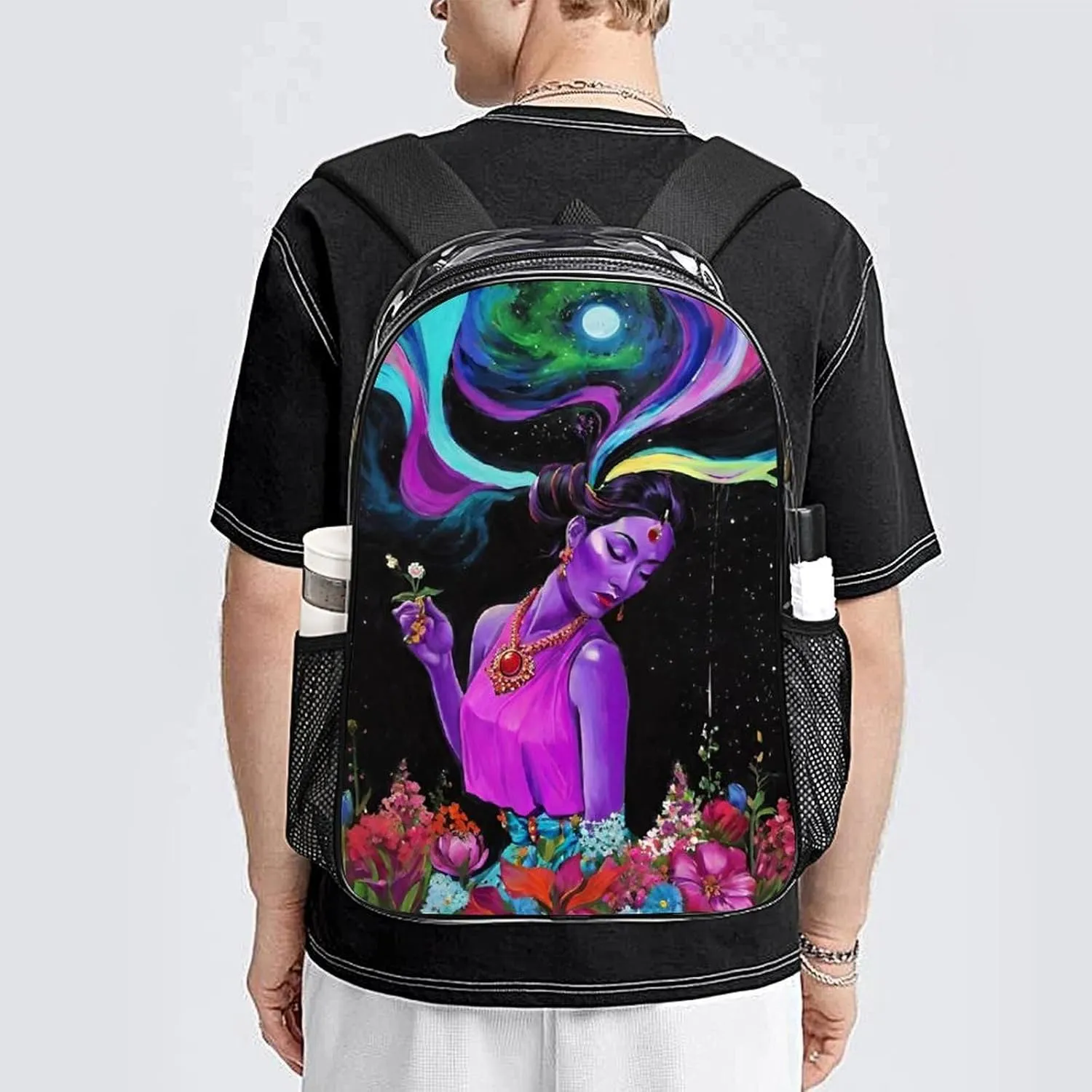 Rucksack Multipurpose Anti-Theft Big Capacity Shoulder Bag - Trippy Galaxy Women Rainbow Floral Art Travel Hiking & Camping Rucksack Transparent Bag