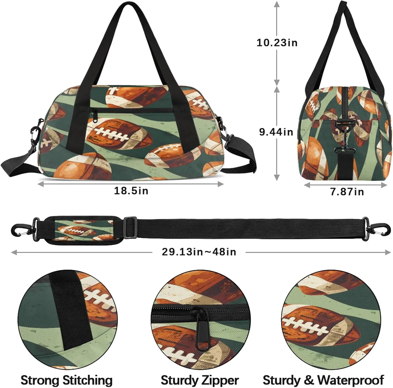 Rugby Ball Pattern Kids Duffel Bag Lightweight Waterproof Sports Gym Bag with Front Zipper Pocket Foldable Weekender Overnight Bag for School Practice Gymnastic Ballet