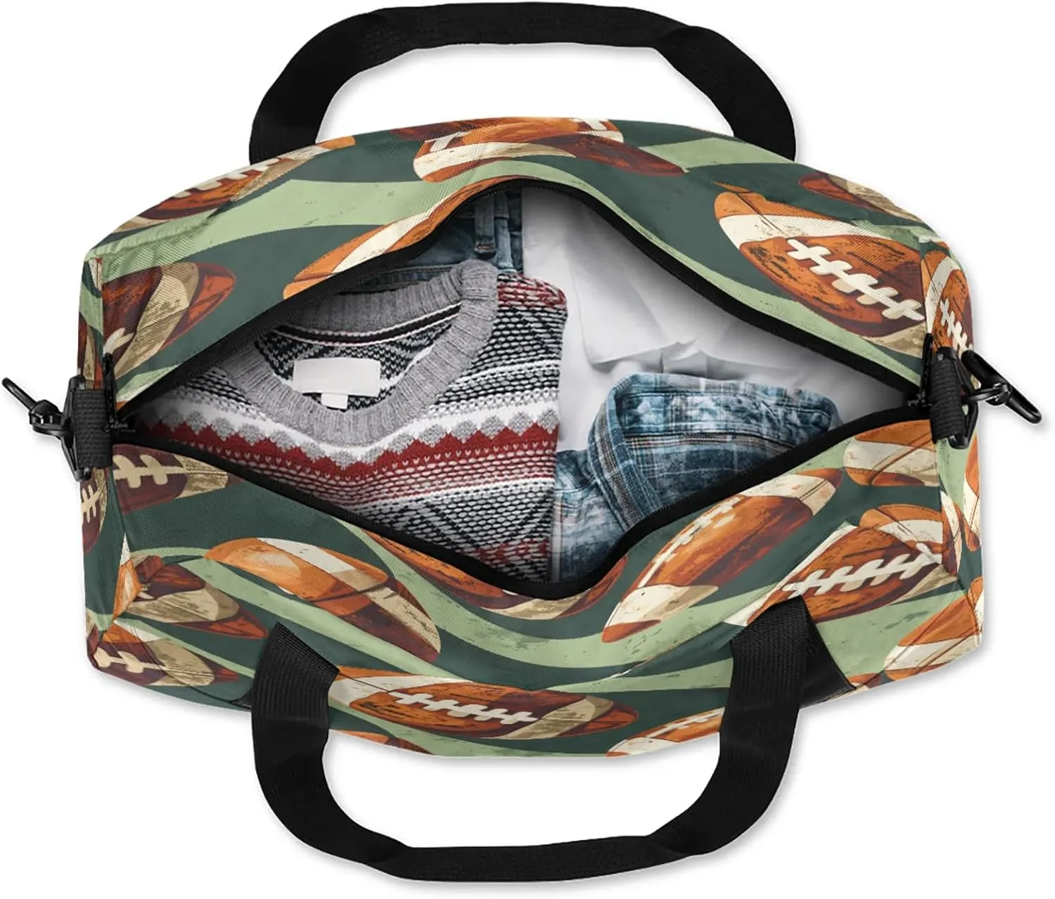 Rugby Ball Pattern Kids Duffel Bag Lightweight Waterproof Sports Gym Bag with Front Zipper Pocket Foldable Weekender Overnight Bag for School Practice Gymnastic Ballet