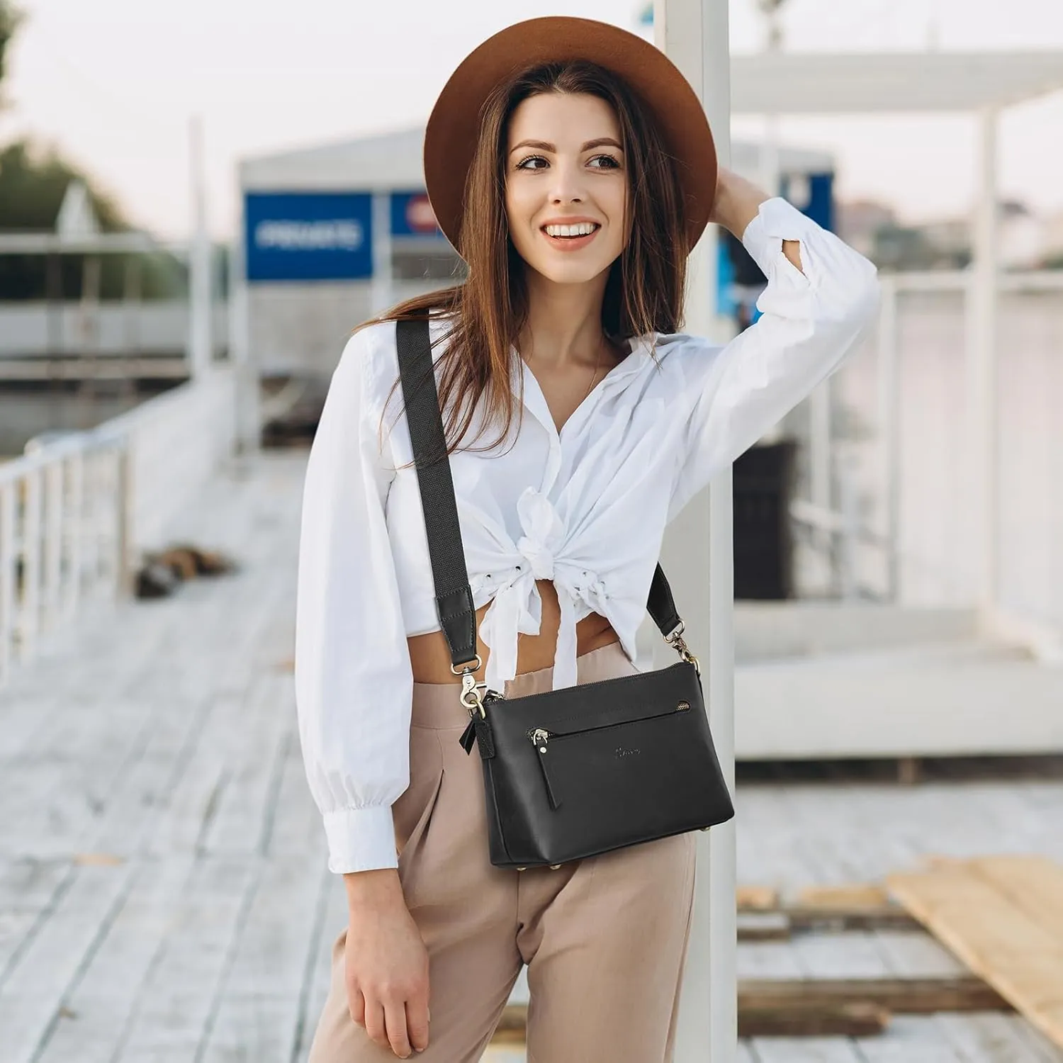 S-ZONE Crossbody Bags for Women Trendy Genuine Leather Small Shoulder Bag Purses with Wide Strap