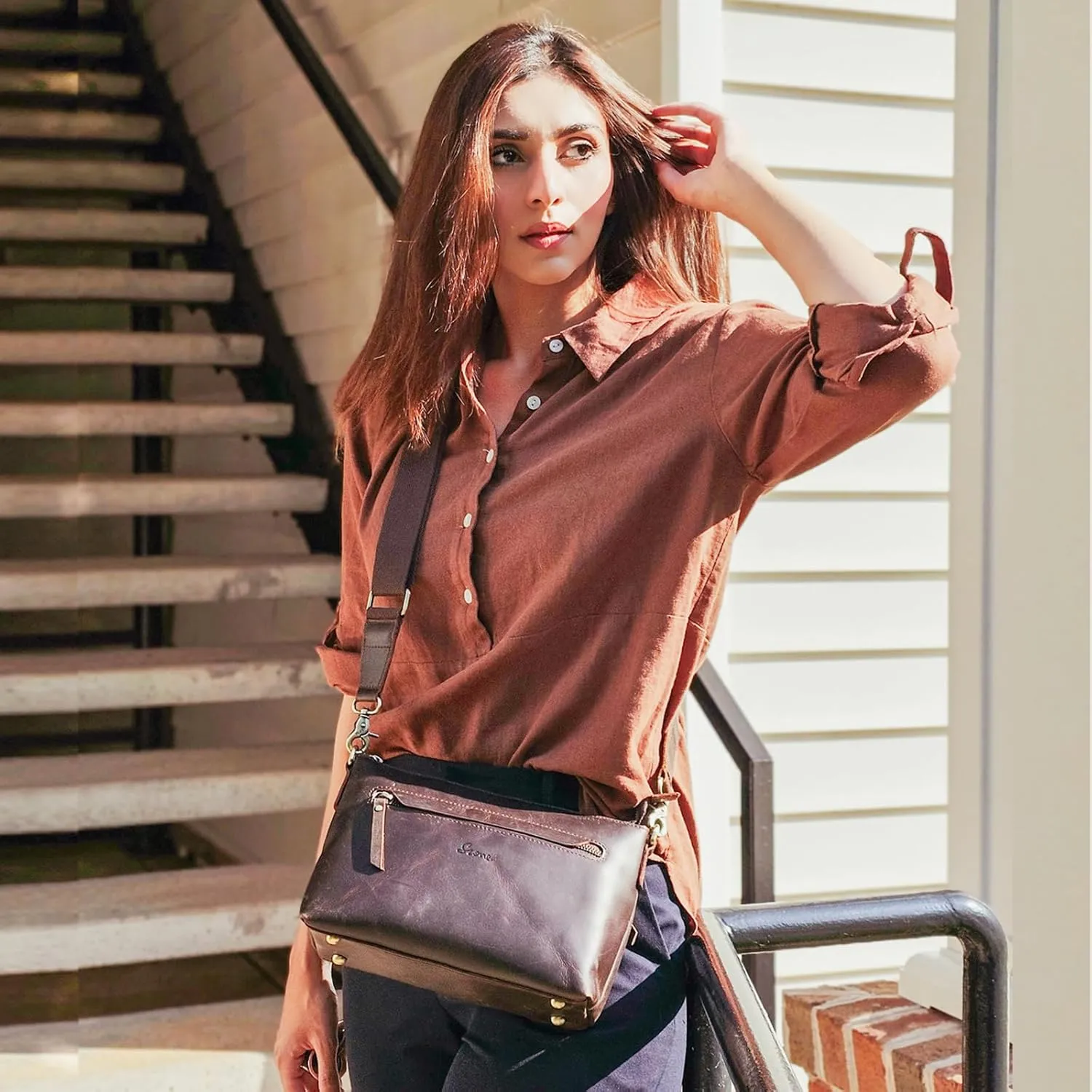S-ZONE Crossbody Bags for Women Trendy Genuine Leather Small Shoulder Bag Purses with Wide Strap