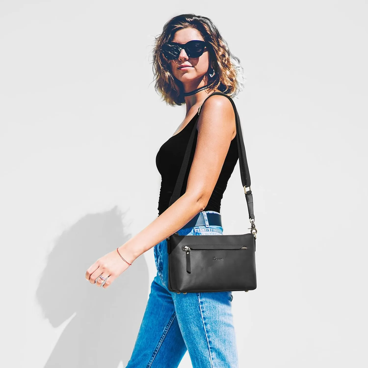 S-ZONE Crossbody Bags for Women Trendy Genuine Leather Small Shoulder Bag Purses with Wide Strap