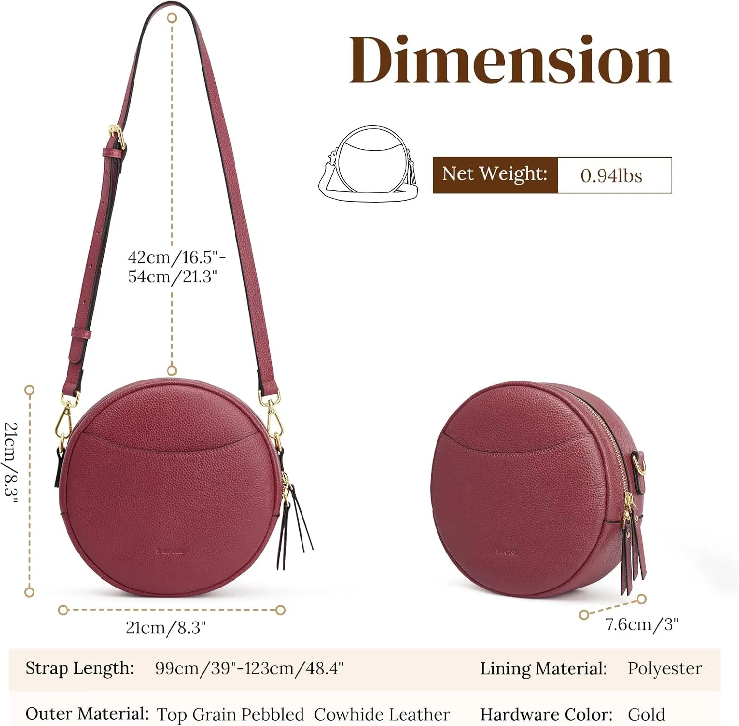 S-ZONE Leather Crossbody Bags for Women Vintage Circle Shoulder Purse Trendy Round Handbag with Adjustable Strap