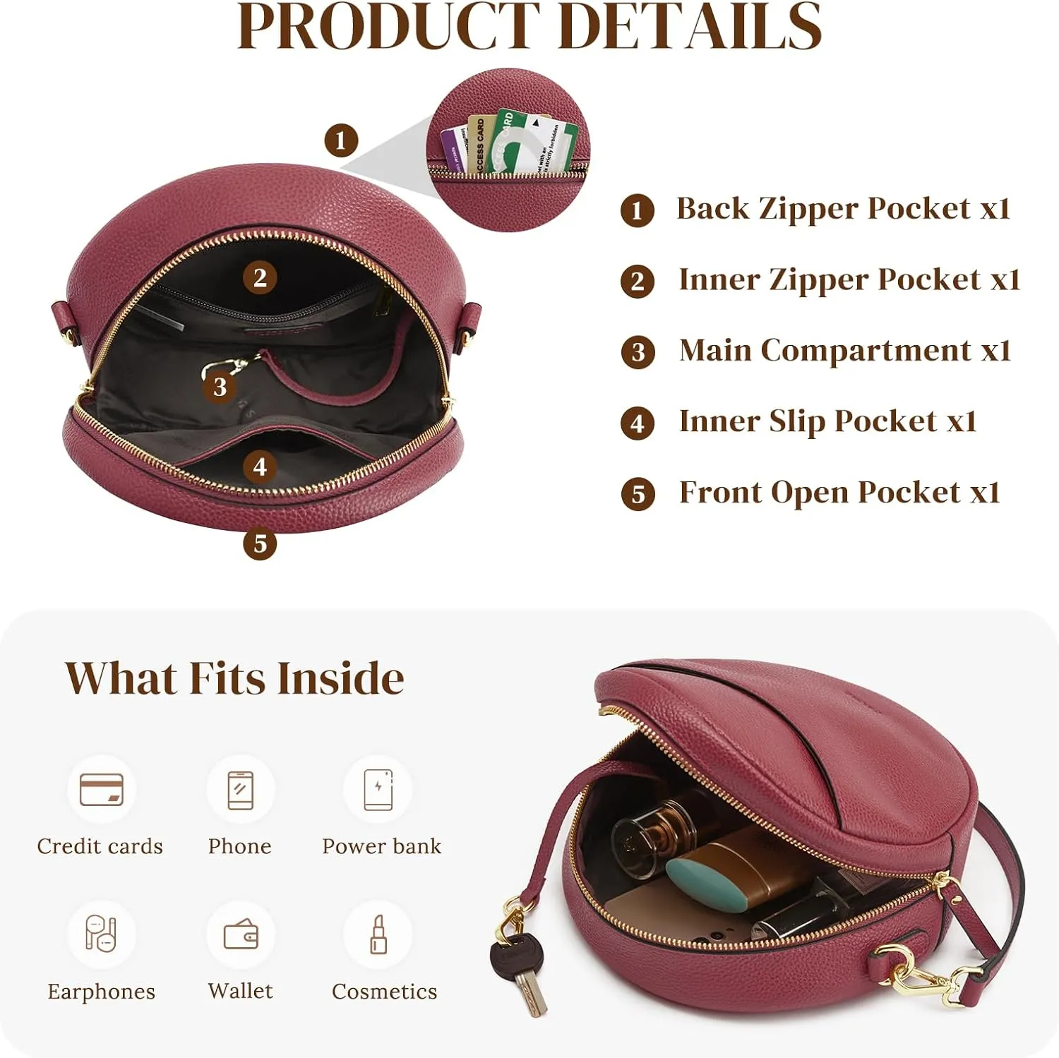 S-ZONE Leather Crossbody Bags for Women Vintage Circle Shoulder Purse Trendy Round Handbag with Adjustable Strap