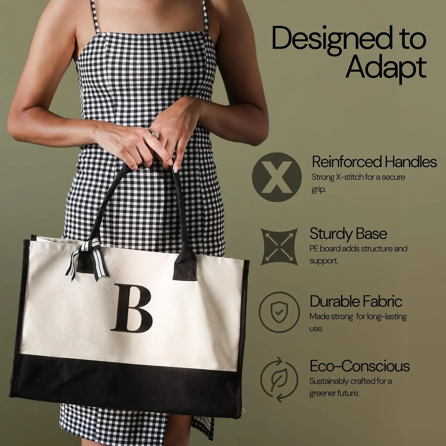 Salt Earth 100% Cotton Personalized Everyday Canvas Initial Tote Bag for Women, Monogrammed Large Utility Bag for Beach
