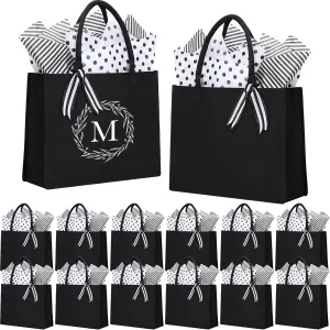 Sanwuta 12 Pack Canvas Tote Bag Bulk Initial Black Canvas Tote Bags with 28 Tissues Sublimation Tote Bag Large Present Bag Reusable Gift Bag for Women Wedding Birthday Beach Holiday