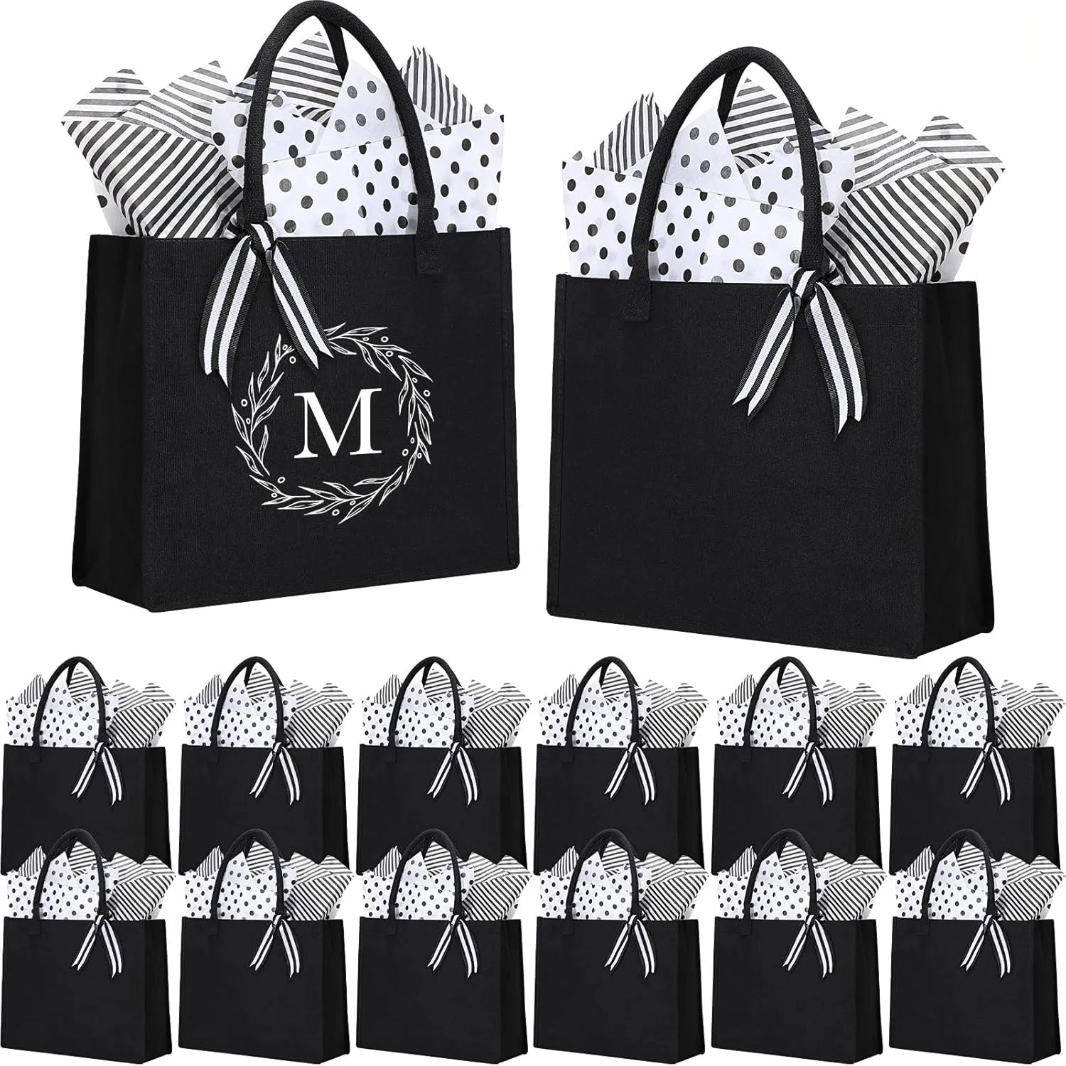 Sanwuta 12 Pack Canvas Tote Bag Bulk Initial Black Canvas Tote Bags with 28 Tissues Sublimation Tote Bag Large Present Bag Reusable Gift Bag for Women Wedding Birthday Beach Holiday