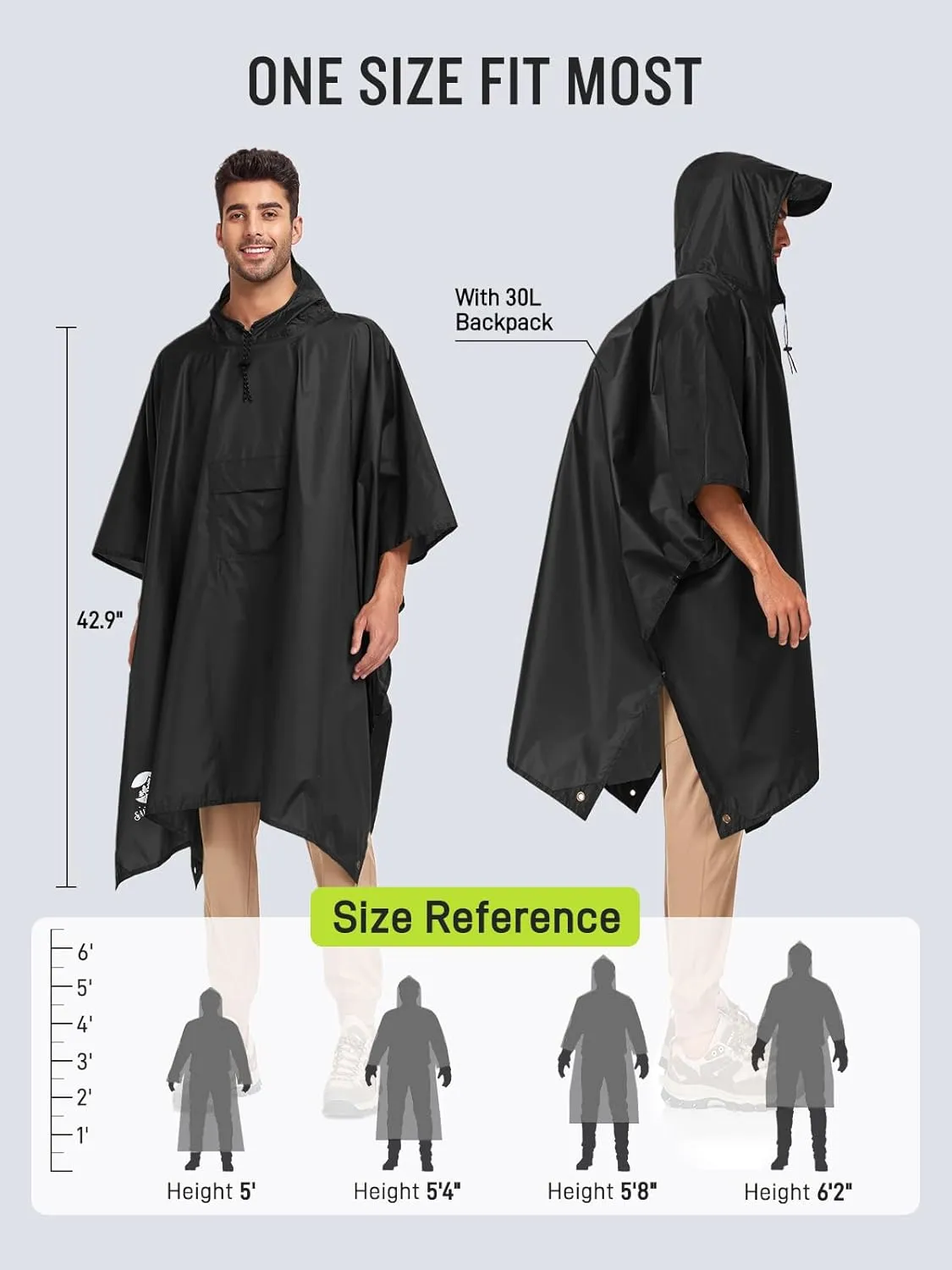 SaphiRose Extra Thick Hooded Rain Poncho Double Layer Waterproof Raincoat Jacket for Men Women Adults