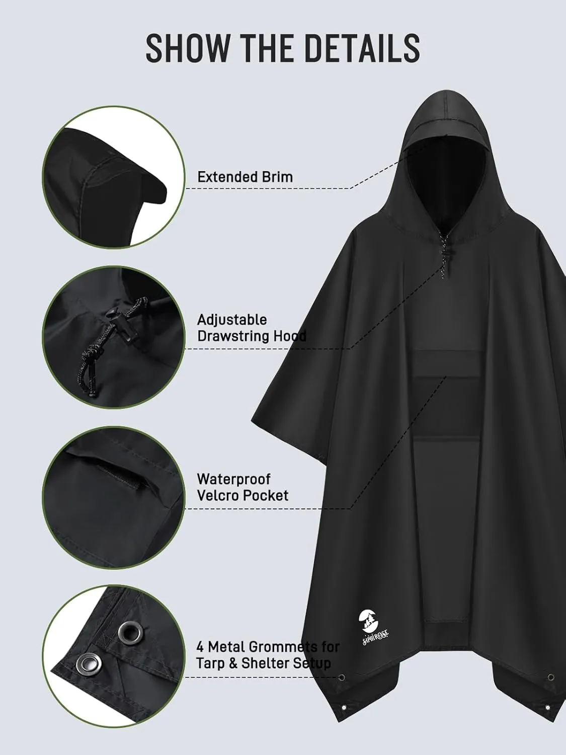 SaphiRose Extra Thick Hooded Rain Poncho Double Layer Waterproof Raincoat Jacket for Men Women Adults