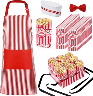 SATINIOR 204 Pcs 1950s Adult Popcorn Waiter Costume Paper Popcorn Bags Red White Striped Apron Chef Hat Bow Tie and Snack Tray for Movie Night Carnival Circus Birthday Party