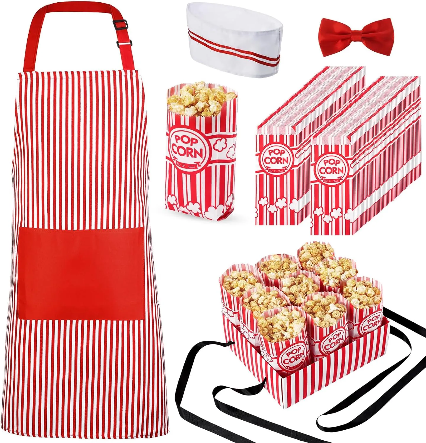 SATINIOR 204 Pcs 1950s Adult Popcorn Waiter Costume Paper Popcorn Bags Red White Striped Apron Chef Hat Bow Tie and Snack Tray for Movie Night Carnival Circus Birthday Party