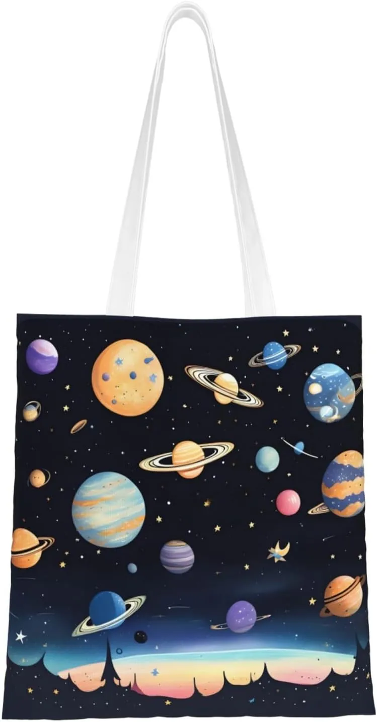 Saturn Jupiter Earth Pattern Double Sided Canvas Tote Bag, Reusable Grocery Shopping Bag, Carry or Shoulder ï¼Œ15x16.5 in