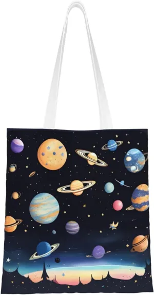 Saturn Jupiter Earth Pattern Double Sided Canvas Tote Bag, Reusable Grocery Shopping Bag, Carry or Shoulder ï¼Œ15x16.5 in