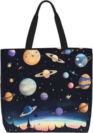 Saturn Jupiter Earth Women's Casual Tote Bags, Reusable Tote Shoulder Bags, Multi-Function Large Capacity Shopping Bags