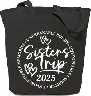 SAUIVD Sisters Trip 2025 Cute Gifts Canvas Tote Bag Funny Sister Vacations Shoulder Bag Holiday Reusable Bag for Shopping