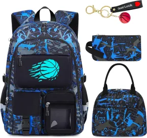 School Backpack for Boys - 4pcs Basketball Boys Backpack with Lunch Box Set for Kids Teens Elementary Middle High School - 18" Large Capacity School Bookbag with Multiple Pockets