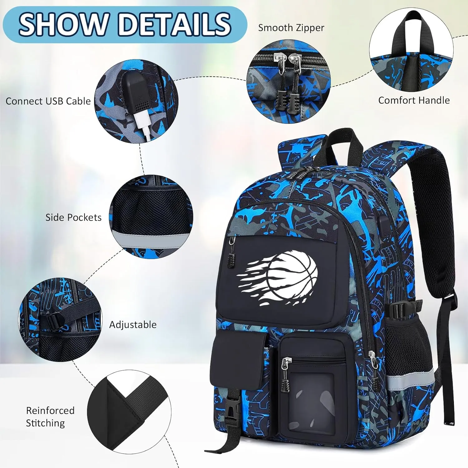 School Backpack for Boys - 4pcs Basketball Boys Backpack with Lunch Box Set for Kids Teens Elementary Middle High School - 18" Large Capacity School Bookbag with Multiple Pockets