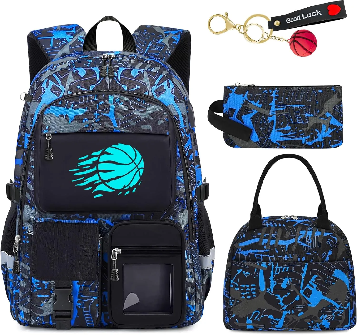 School Backpack for Boys - 4pcs Basketball Boys Backpack with Lunch Box Set for Kids Teens Elementary Middle High School - 18" Large Capacity School Bookbag with Multiple Pockets