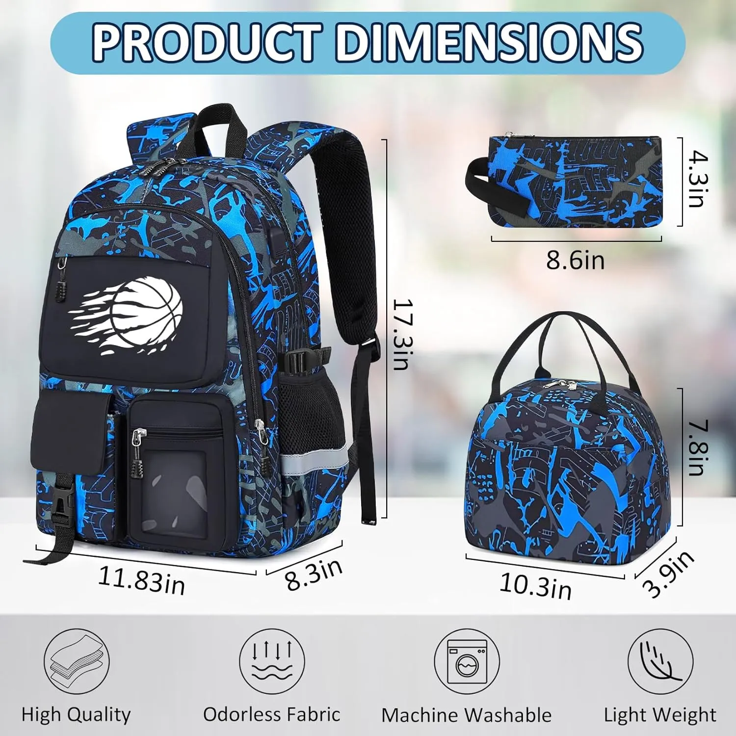 School Backpack for Boys - 4pcs Basketball Boys Backpack with Lunch Box Set for Kids Teens Elementary Middle High School - 18" Large Capacity School Bookbag with Multiple Pockets