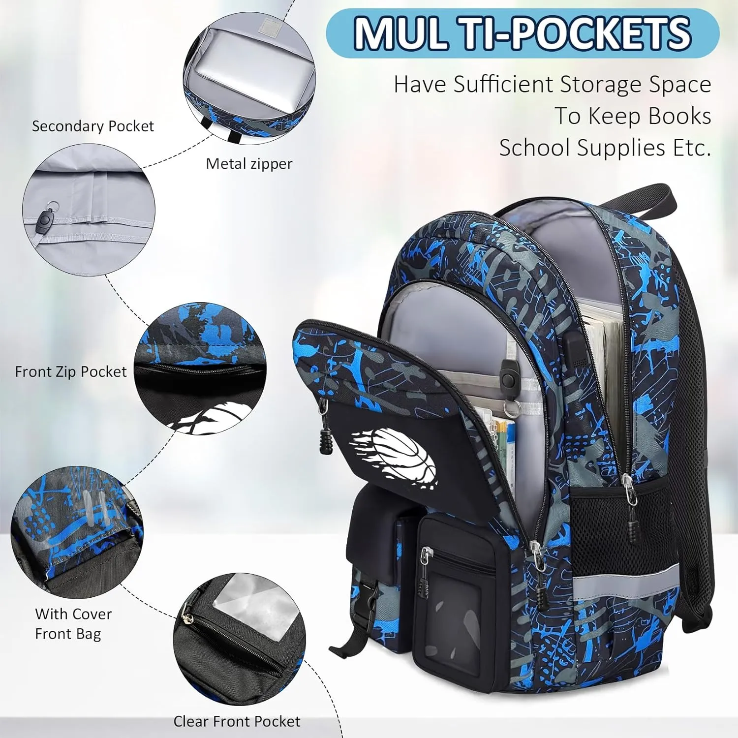 School Backpack for Boys - 4pcs Basketball Boys Backpack with Lunch Box Set for Kids Teens Elementary Middle High School - 18" Large Capacity School Bookbag with Multiple Pockets