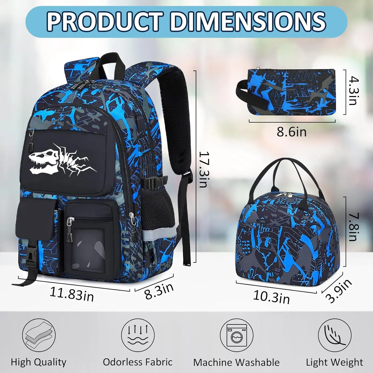 School Backpack for Boys - 4pcs Dinosaur Boys Backpack with Lunch Box Set for Kids Teens Elementary Middle High School - 18" Large Capacity School Bookbag with Multiple Pockets
