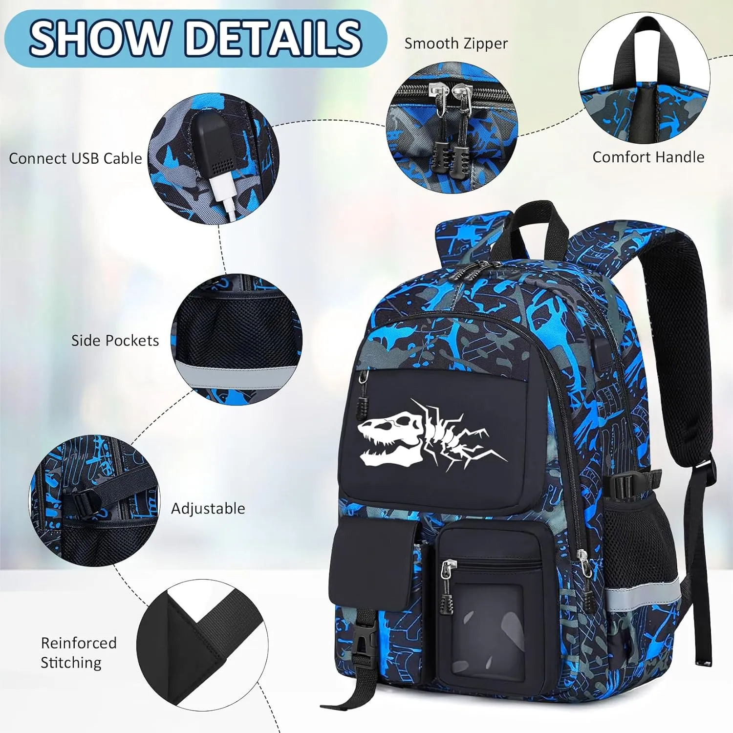 School Backpack for Boys - 4pcs Dinosaur Boys Backpack with Lunch Box Set for Kids Teens Elementary Middle High School - 18" Large Capacity School Bookbag with Multiple Pockets