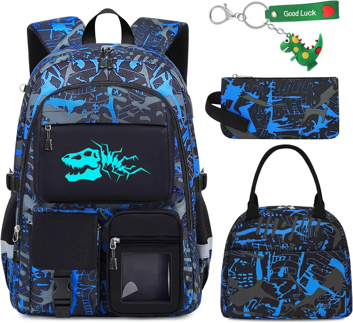 School Backpack for Boys - 4pcs Dinosaur Boys Backpack with Lunch Box Set for Kids Teens Elementary Middle High School - 18" Large Capacity School Bookbag with Multiple Pockets