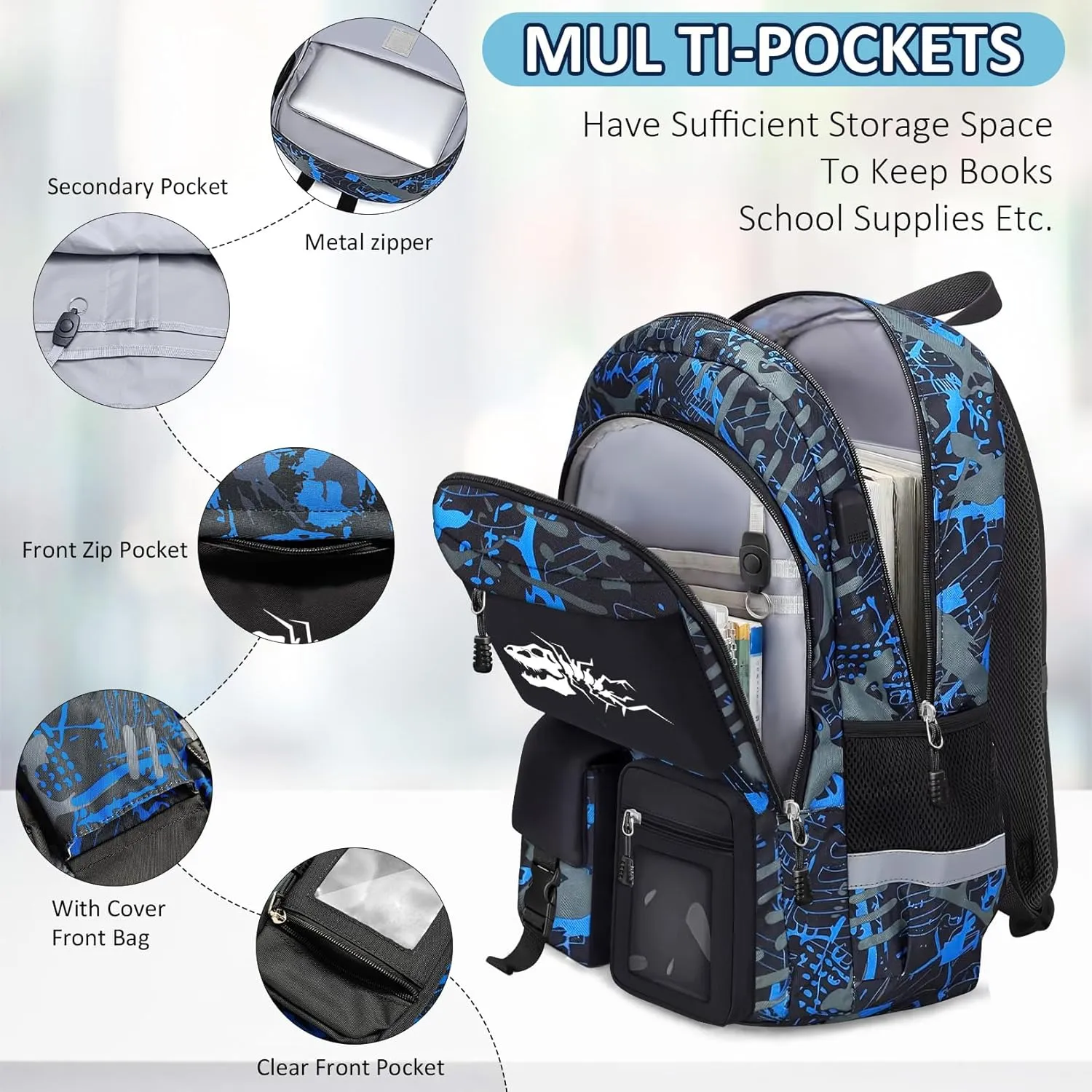 School Backpack for Boys - 4pcs Dinosaur Boys Backpack with Lunch Box Set for Kids Teens Elementary Middle High School - 18" Large Capacity School Bookbag with Multiple Pockets