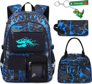 School Backpack for Boys - 4pcs Dinosaur Boys Backpack with Lunch Box Set for Kids Teens Elementary Middle High School - 18" Large Capacity School Bookbag with Multiple Pockets