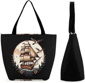 School Sailor Tattoo Clipper Ship And Swallows Tote Bag for Women Reusable Beach Shoulder Bag Lightweight Grocery Bags Travel Handbag
