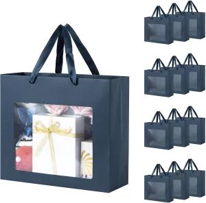 Sdootjewelry 24 Pack Navy Blue Gift Bag with Transparent Window, 13X4.5X10.8 Inches Window Navy Gift Bags with Handles, Flower Bags for Bouquets, Kraft Paper Gift Bags for Party Wedding Shopping Retail