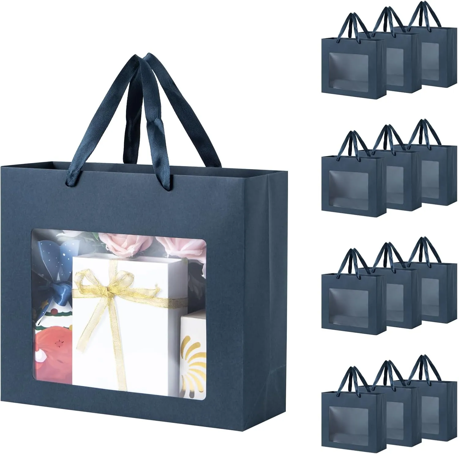 Sdootjewelry 24 Pack Navy Blue Gift Bag with Transparent Window, 13X4.5X10.8 Inches Window Navy Gift Bags with Handles, Flower Bags for Bouquets, Kraft Paper Gift Bags for Party Wedding Shopping Retail