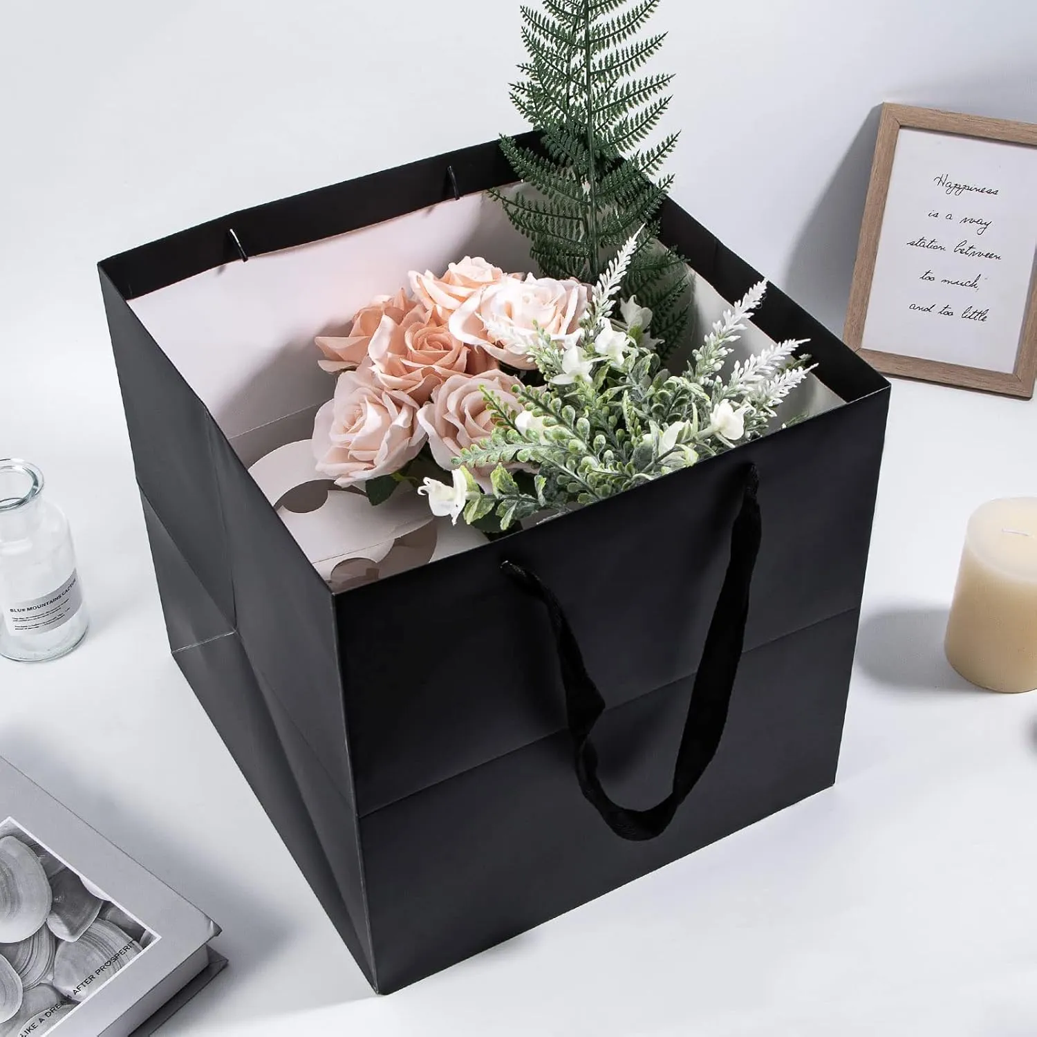 Sdootjewelry Black Gift Bags, 12 Pack Kraft Paper Bags with Handles, 12'' × 12'' × 12'' Square Paper Bags, Candle Gift Gags, Shopping Bags for Small Business