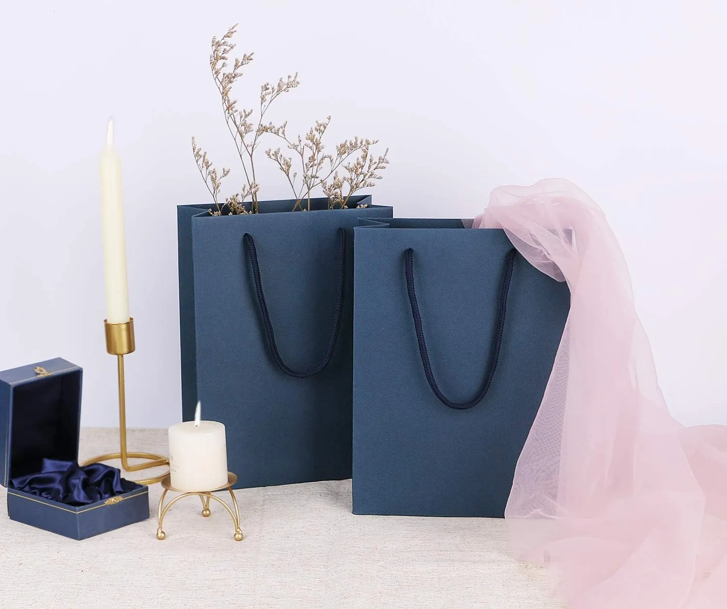 Sdootjewelry Navy Gift Bags - Kraft Paper With Handles, 50 Pack Heavy Duty Matte Tote, 7.5 x 3.1 x 10.2" Shopping, Party, Retail Bags