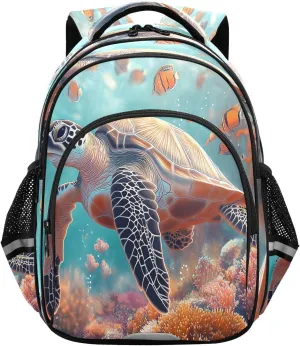 Sea Turtle Coral Reefs Fish Backpacks Elementary School Shoulder Bag Bookbag for Girls Kids Boys, Medium