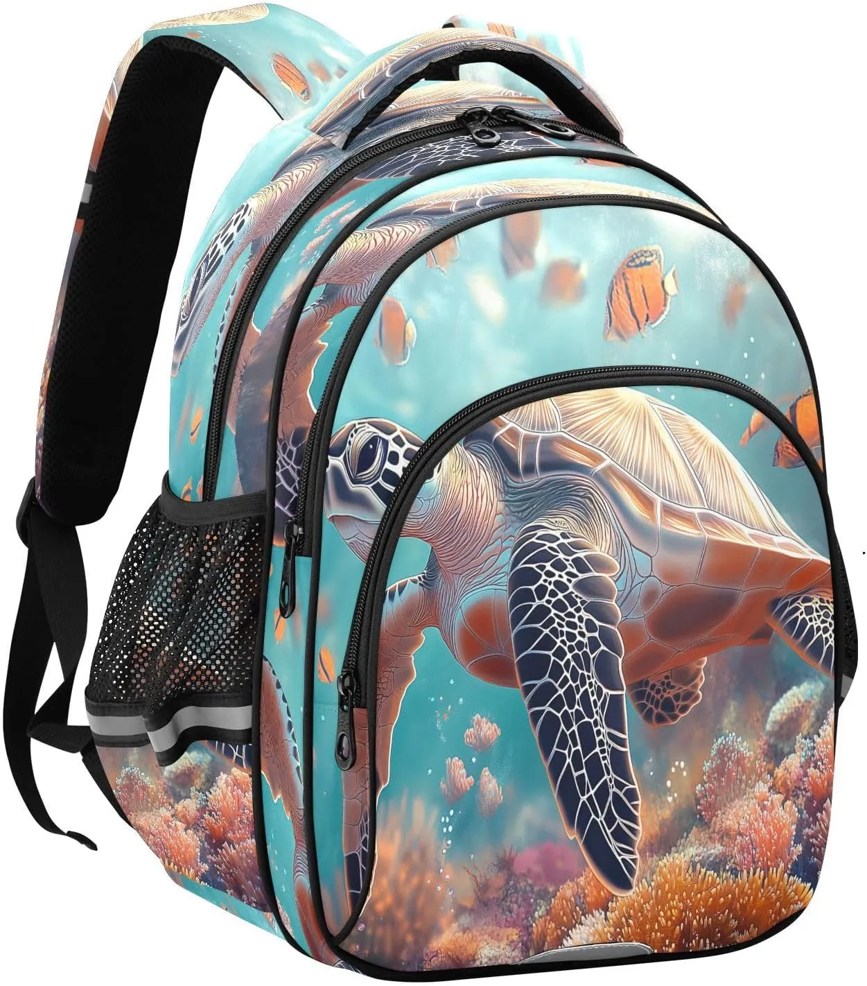 Sea Turtle Coral Reefs Fish Backpacks Elementary School Shoulder Bag Bookbag for Girls Kids Boys, Medium