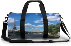 Seine River Paris France Eiffel Tower Round Barrel Gym Sport Bag Small Travel Duffel Bags Reusable Tote for Men Women