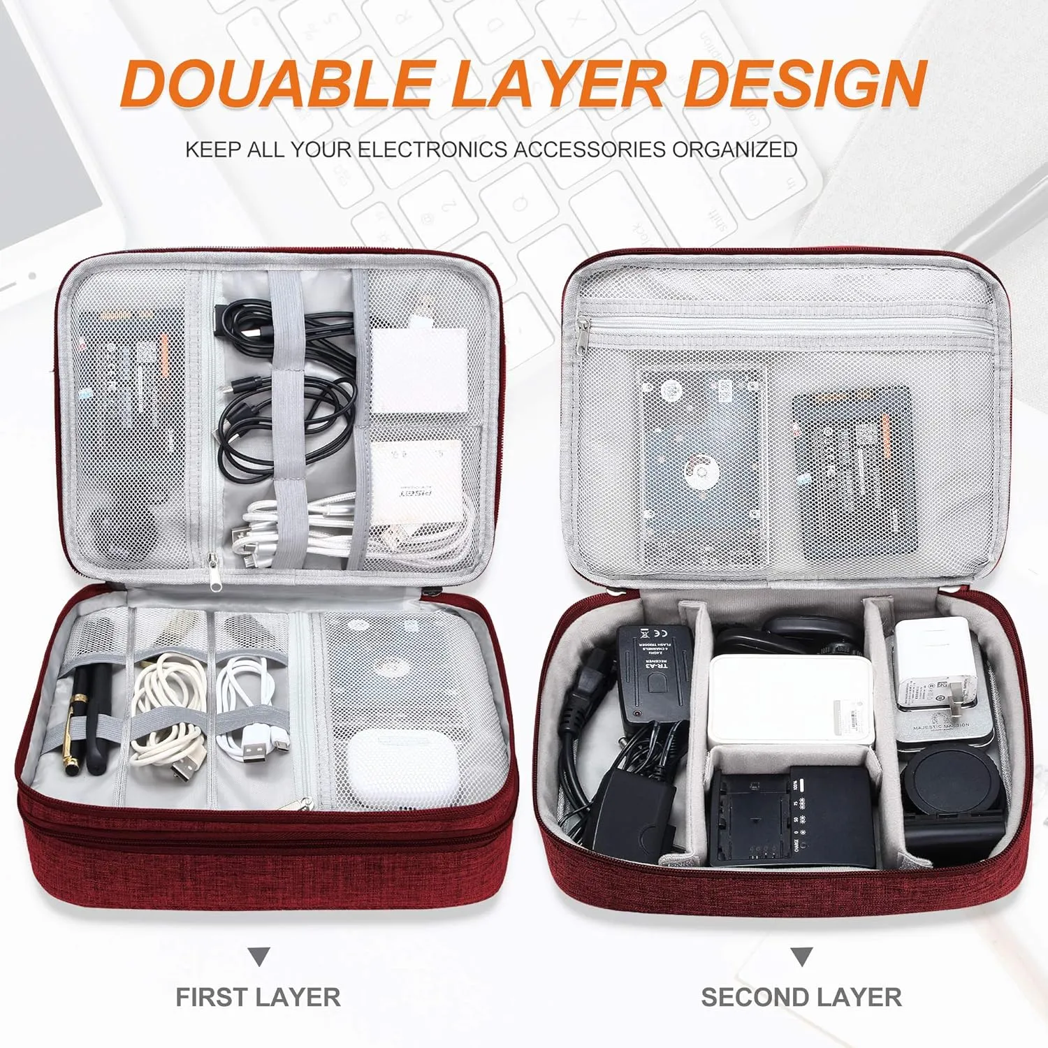 SELLYFELLY Electronic Bag Travel Cable Accessories Bag Waterproof Double Layer Electronics Organizer Portable Storage Case for Cable, Cord, Charger, Phone, Adapter, Power Bank, Kindle, Hard Drives