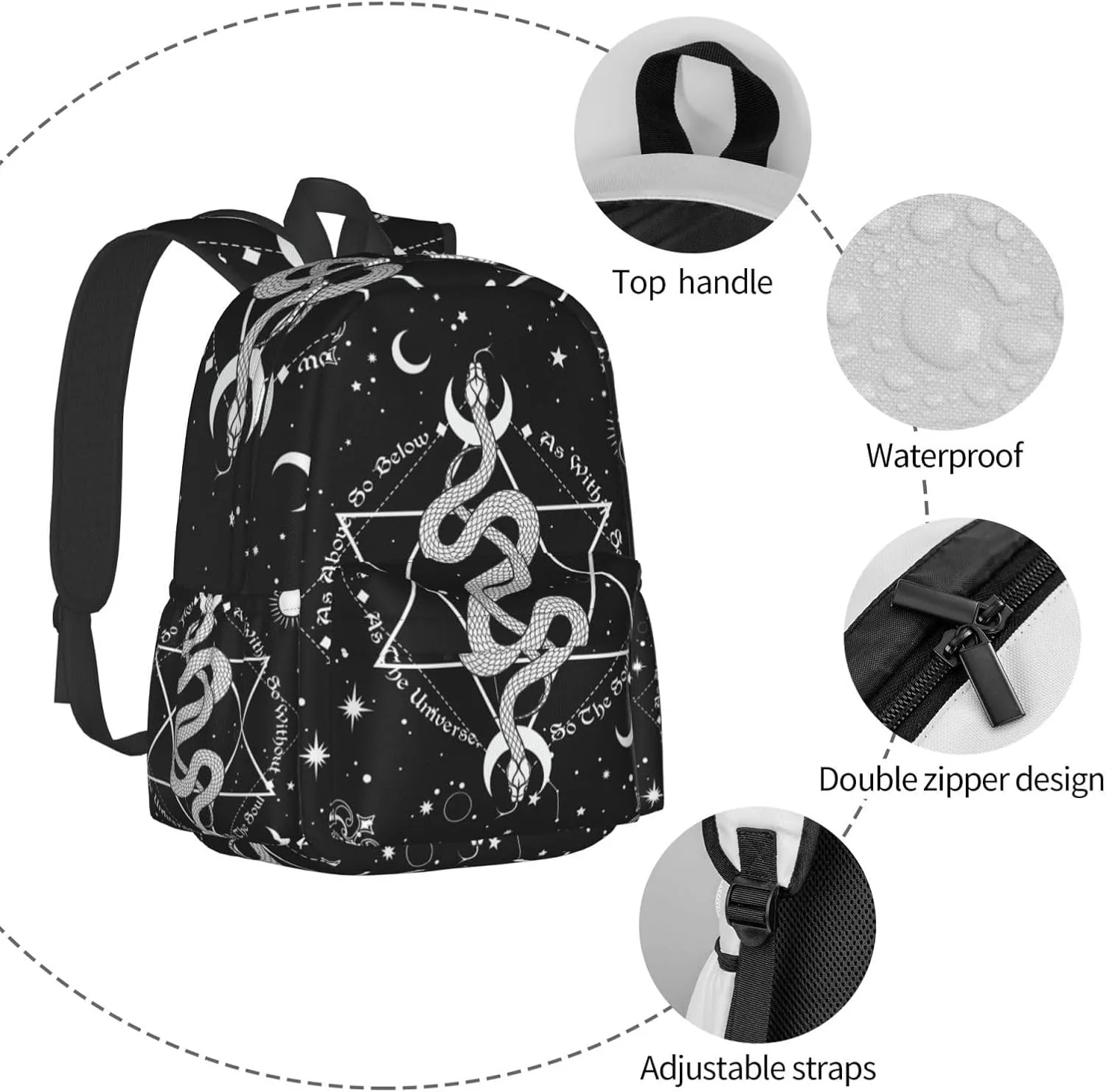 Serpents Gothic Occult Stylish Backpack With Adjustable Padded Shoulder Straps Daypacks For Girls College Travel