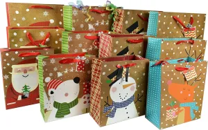 Set of 12 Blissful Friends Gift Bags! 4 Fun Designs! 3 Different Sizes Large : 17.5" X 12", Medium: 13" X 10", Small: 10" X 8.5"! (12 Gift Bags)