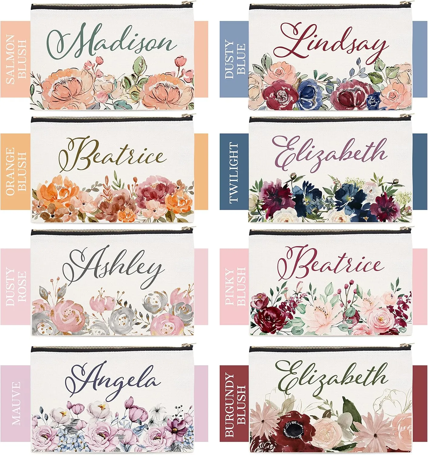 Set of 5 - Bridesmaid Gifts, Personalized Makeup Bag, 9 Floral Designs, Custom w/ Name, Bridesmaid Proposal Gifts, Bridal Shower Gifts, Lightweight & Portable Cosmetic Bag, Makeup Bag Sets