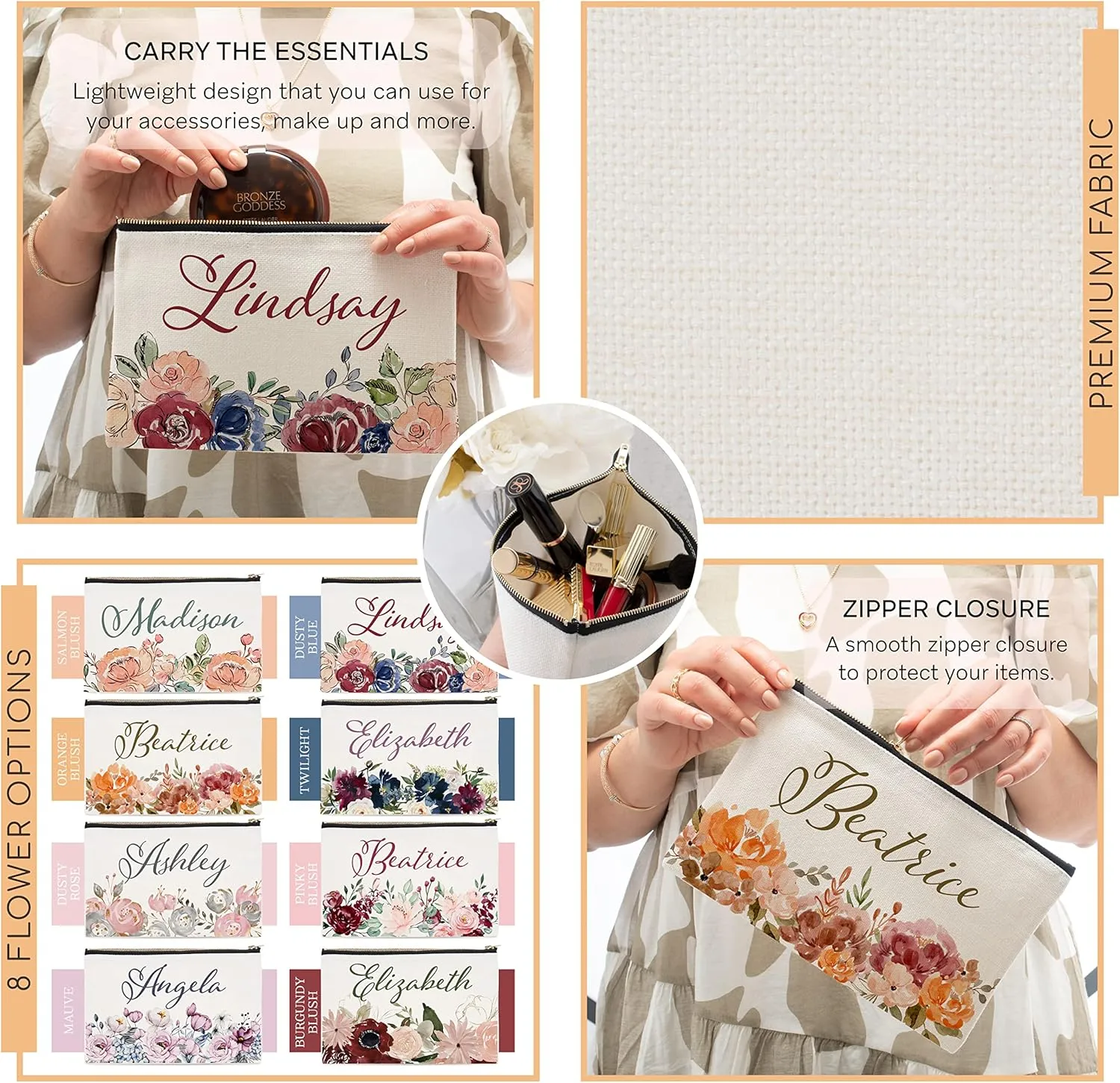 Set of 5 - Bridesmaid Gifts, Personalized Makeup Bag, 9 Floral Designs, Custom w/ Name, Bridesmaid Proposal Gifts, Bridal Shower Gifts, Lightweight & Portable Cosmetic Bag, Makeup Bag Sets