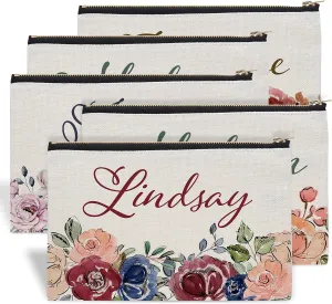 Set of 5 - Bridesmaid Gifts, Personalized Makeup Bag, 9 Floral Designs, Custom w/ Name, Bridesmaid Proposal Gifts, Bridal Shower Gifts, Lightweight & Portable Cosmetic Bag, Makeup Bag Sets