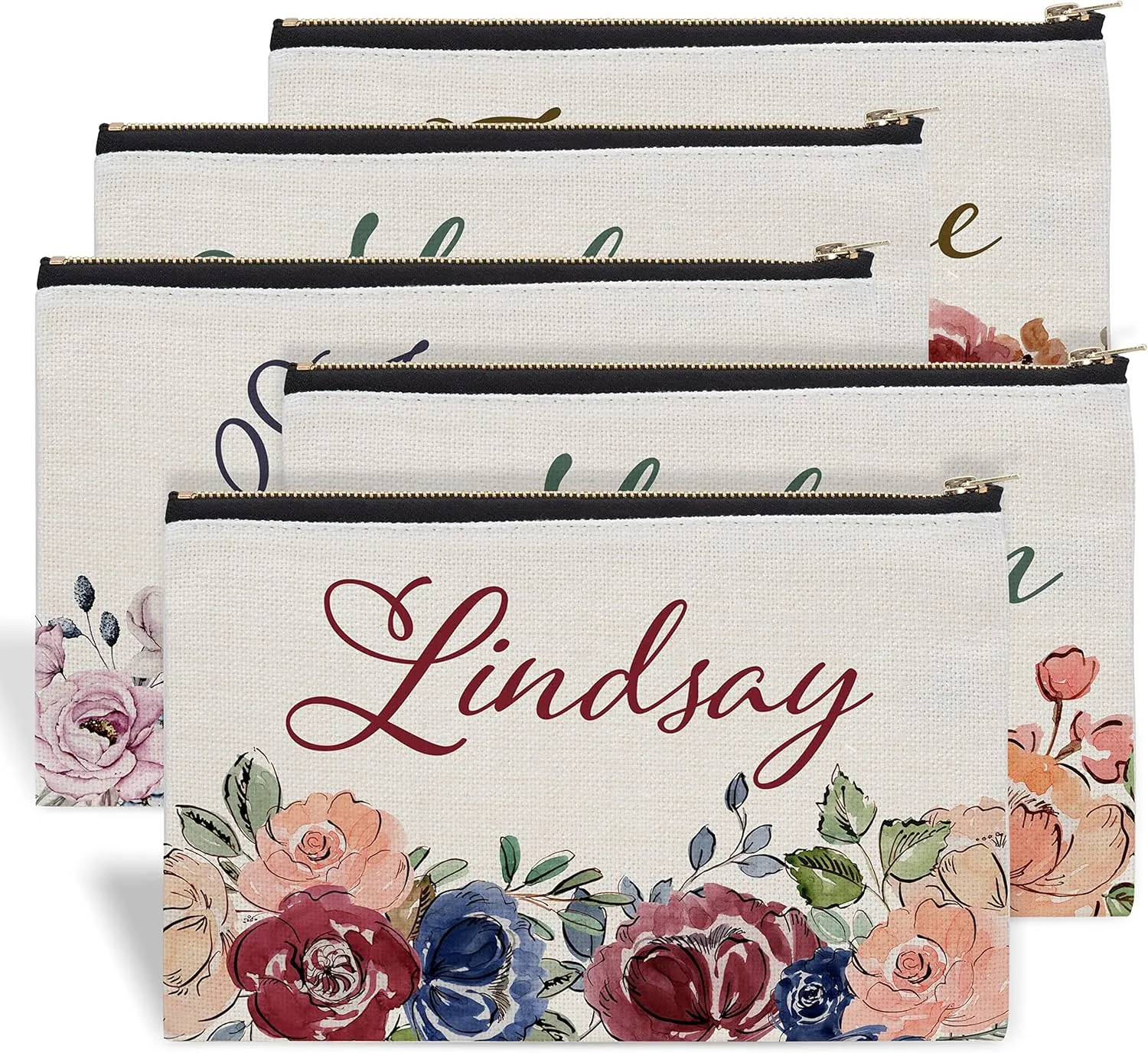 Set of 5 - Bridesmaid Gifts, Personalized Makeup Bag, 9 Floral Designs, Custom w/ Name, Bridesmaid Proposal Gifts, Bridal Shower Gifts, Lightweight & Portable Cosmetic Bag, Makeup Bag Sets