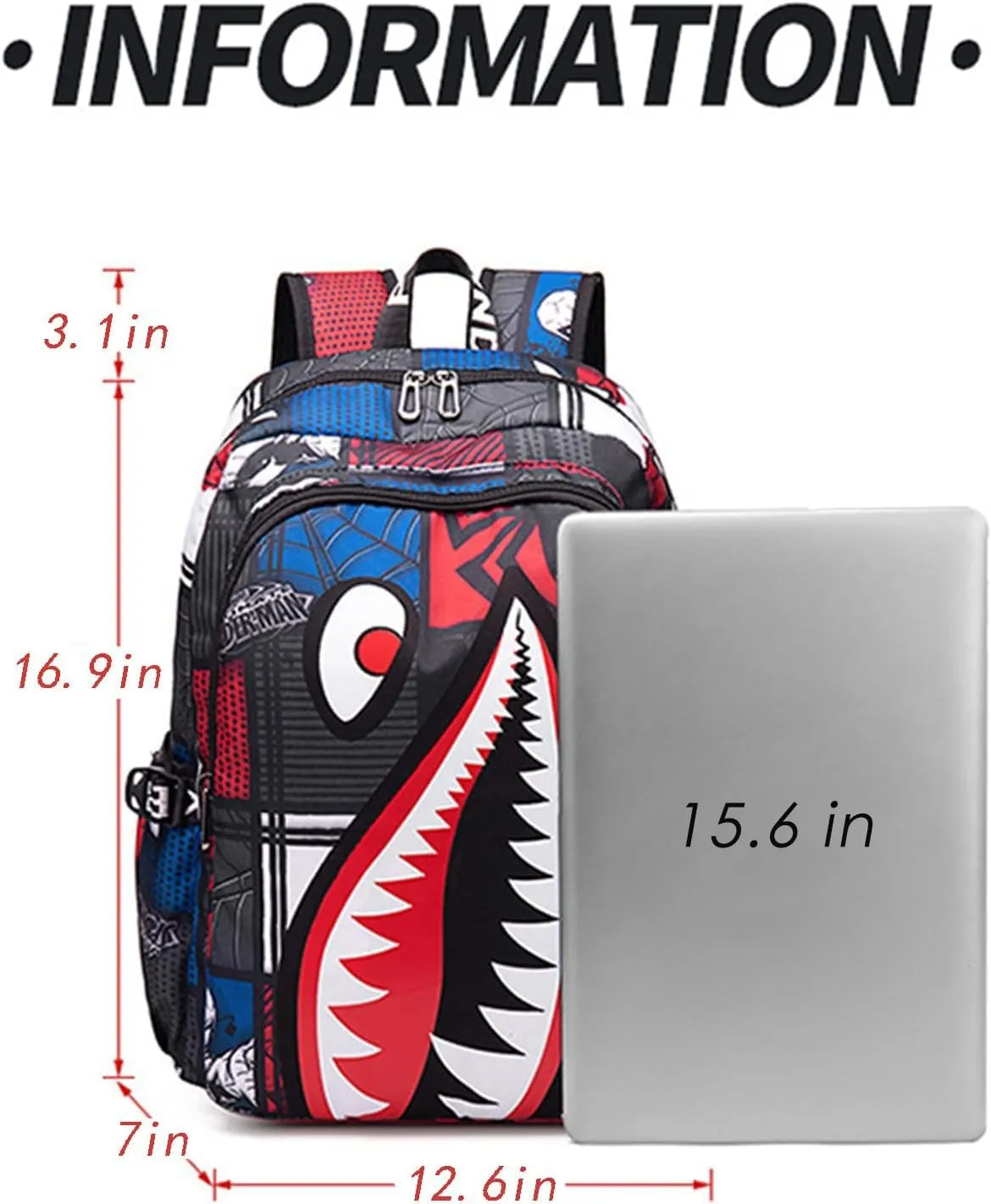 Shark Teens Backpacks Fashion Schoolbag Casual Waterproof Travel USB Laptop Backpack (Style 3)