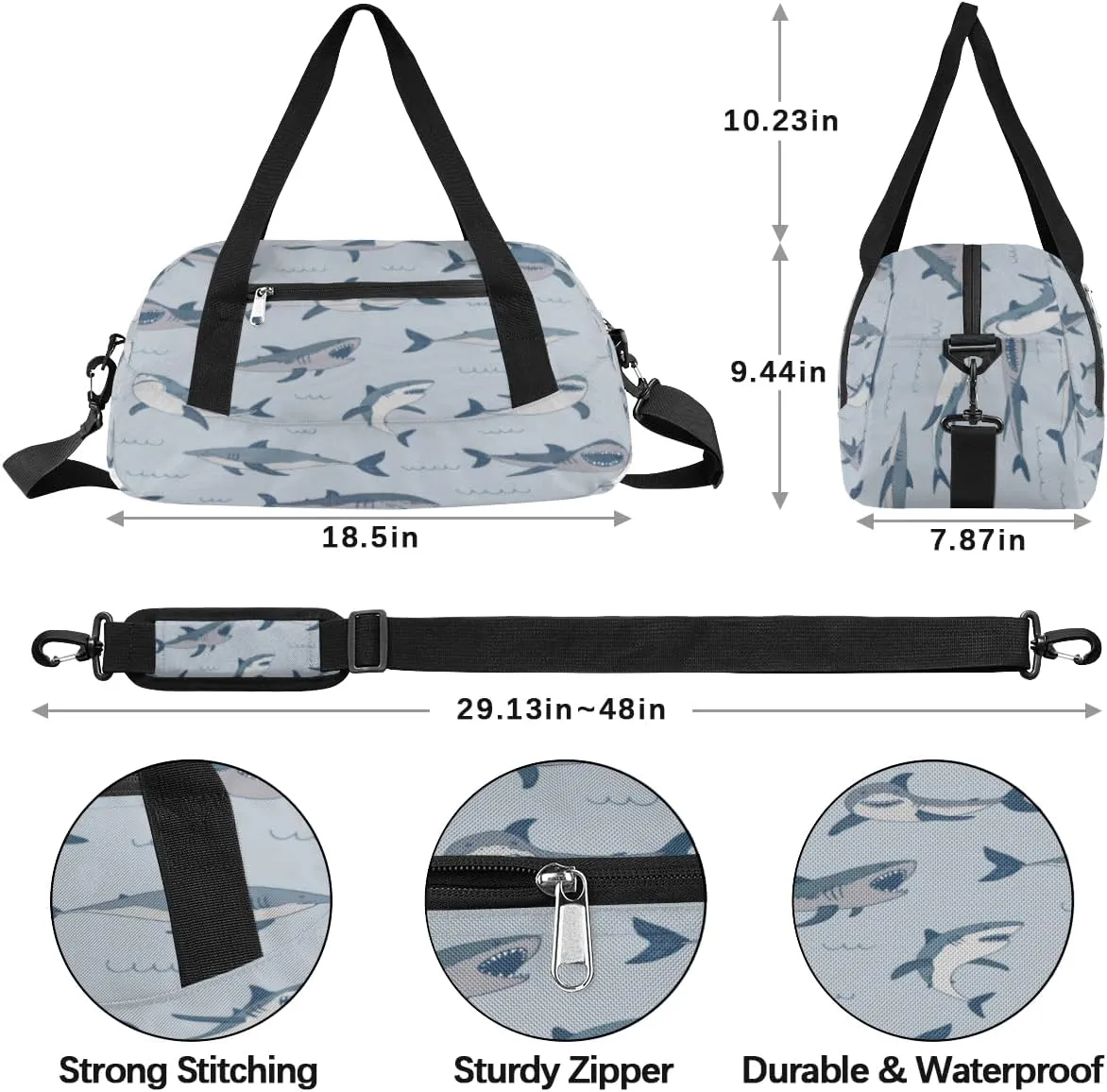 Sharks Sea Animal Gym Bag, Duffle Bag, Weekender Bag, Duffel Bag, Overnight Bag, Travel Duffel Bag, Dance Bag, Tote Bag, Beach Bag, Pool Bag, Gym Duffle Bag, Carry on Bag