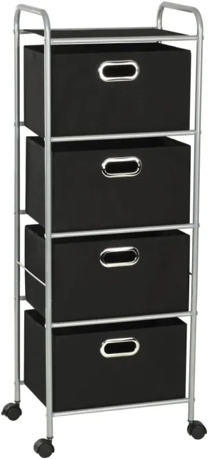Shelving Unit with 4 Storage Boxes, Powder-Coated Steel Frame, Lightweight and Mobile, Black and Silver