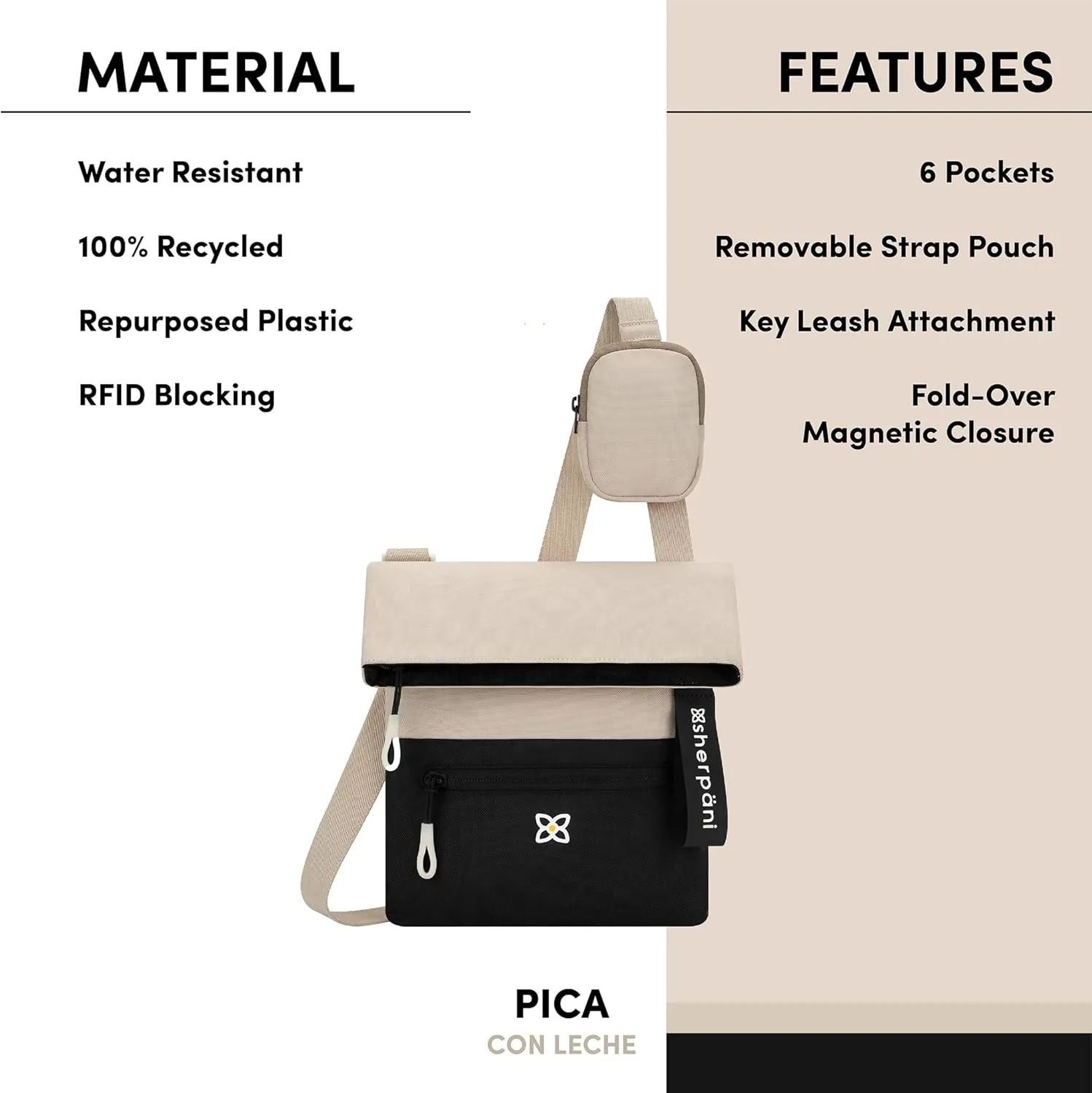 Sherpani Pica, Small Crossbody, Nylon Shoulder Bag, Lightweight 4L Purse for Women, Travel Cross Body Bag with RFID Protection, Removable Coin Purse, Travel Gift for Mothers Day 2025 (Con Leche)
