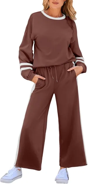 SHEWIN Women's 2 Piece Lounge Sets For Women Casual Striped Long Sleeve Tops and Wide Leg Pants Matching Set